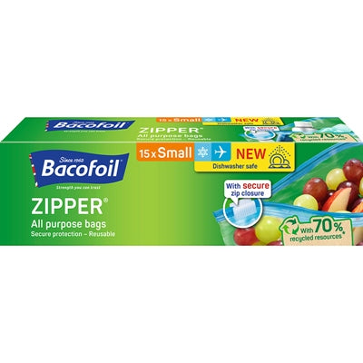 BACOFOIL ZIPPER BAGS ALL PURPOSE 15 PACK SMALL 1L