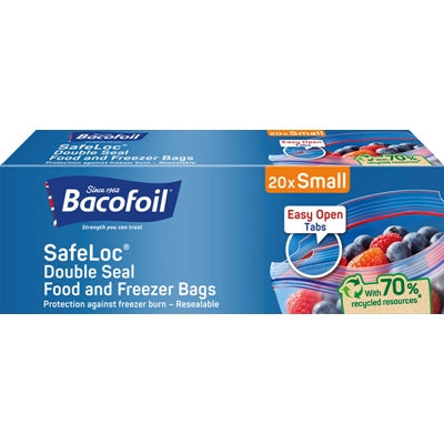 BACOFOIL SAFELOC DOUBLE SEAL FOOD & FREEZER BAGS 20 PACK 1LTR