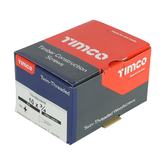 Twin-Threaded Woodscrews - PZ - Double Countersunk - Zinc 10 x 3/4