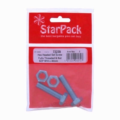 STAR PACK M10 X 40 HEX BOLTS & NUTS ZINC 2 PER PACK
