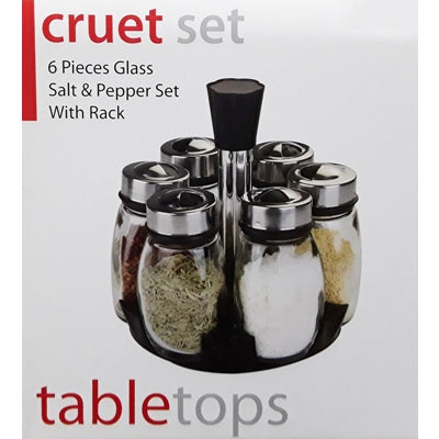 SPICE RACK 6PC REVOLVING SILVER TOP cruet set