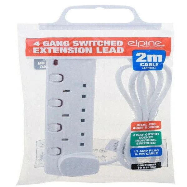 Elpine 4-Gang Switched Extension Lead White 2Mtr 13Amp 30111C