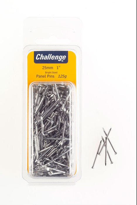 Challenge Bright Steel Panel Pins 25mm Clam Pack 75g