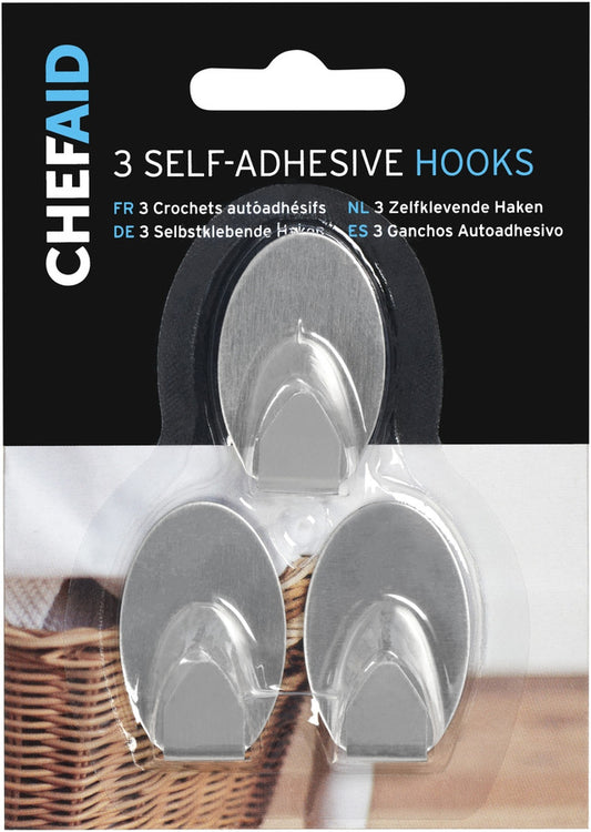 Chef Aid Small Stainless Steel Self Stick Oval Hooks 3 Pack