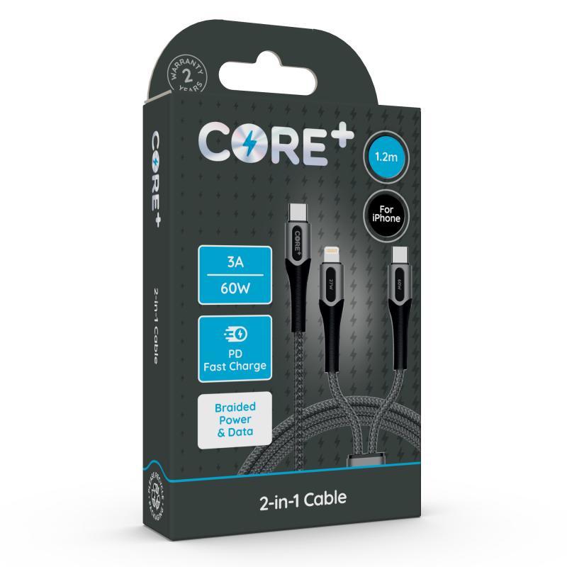 CORE+ 2-in-1 Cable 1.2m Braided Black 3A/60W PD
