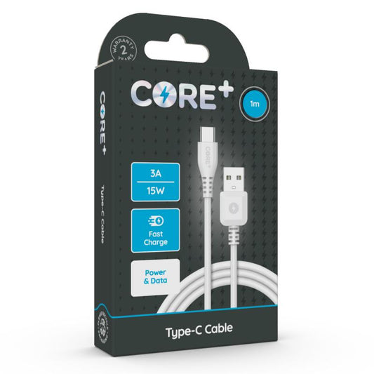 CORE+ Type-C Cable 1m White 3A/15WType-C to Type-A connectors Supports up to 15W for faster charging High quality PVC for durability Includes velcro cable tidy