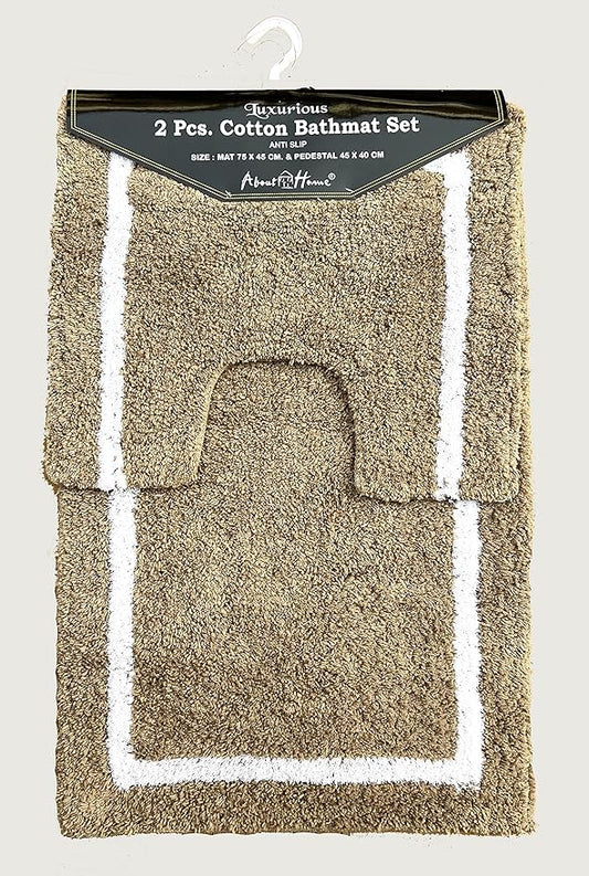 premium NON-SLIP 2 pc cotton bath mat set for Bath room and toilet - 45 x 75 cm and 40 x 45 cm - 100% Cotton Bathroom Mat and Pedestal Mat - Machine washable (CAMEL)