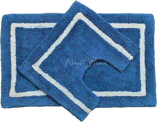 About Home premium NON-SLIP 2 pc cotton bath mat set for Bath room and toilet - 45 x 75 cm and 40 x 45 cm - 100% Cotton Bathroom Mat and Pedestal Mat - Machine washable (BLUE)