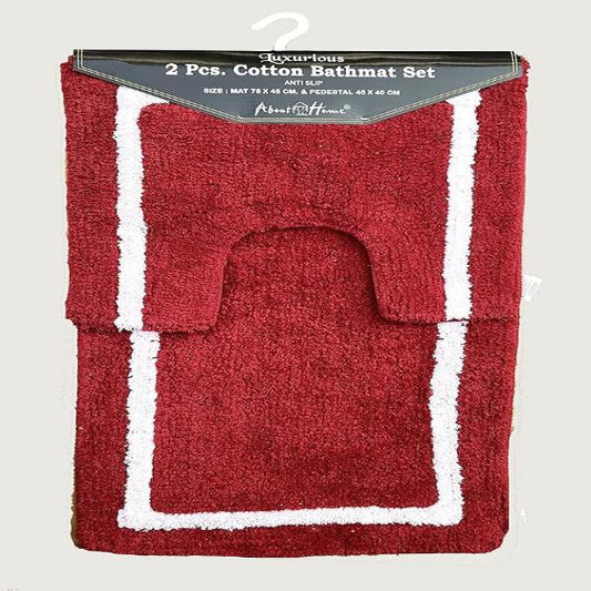 About Home premium NON-SLIP 2 pc cotton bath mat set for Bath room and toilet - 45 x 75 cm and 40 x 45 cm - 100% Cotton Bathroom Mat and Pedestal Mat - Machine washable (RED)