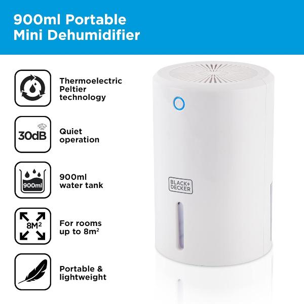 BLACK+DECKER 900ml Portable Mini Dehumidifier, White