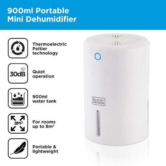 BLACK+DECKER 900ml Portable Mini Dehumidifier, White