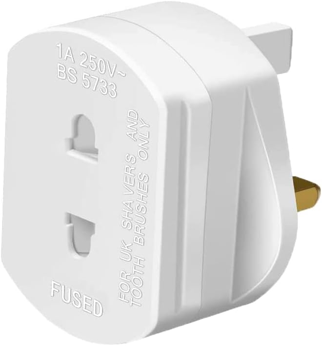UK 2 Pin To 3 Pin 1A Fuse Adaptor Plug for Shaver/Toothbrush - White