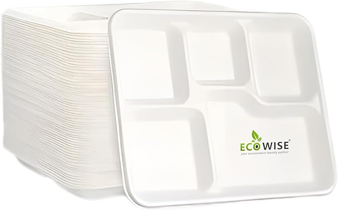 EcoWise Large Strong 5 Compartment Disposable Plates 25pcs Heavy Duty Plates Ecofriendly 5 Compartment