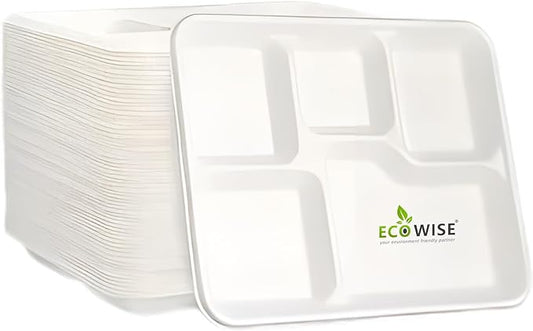EcoWise Large Strong 5 Compartment Disposable Plates 25pcs Heavy Duty Plates Ecofriendly 5 Compartment