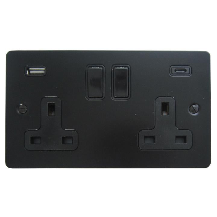 Flat Black Double Socket with USB (2 Gang/USB-A and USB-C) - G+H FFB911B