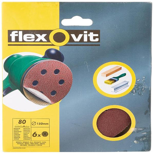 Flexovit FLV26396 Velcro Backed Sanding Discs 150mm - 8 Hole - Med (6pk)
