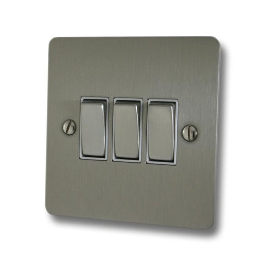 Flat Brushed Steel Light Switch (3 Gang/White Insert/Satin Chrome Switches) - G+H FSS203