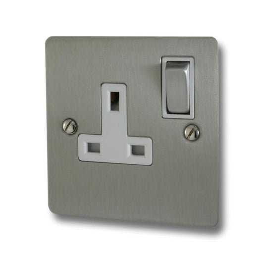 Flat Brushed Steel Single Socket (White Insert/Satin Chrome Switch) - G+H FSS209