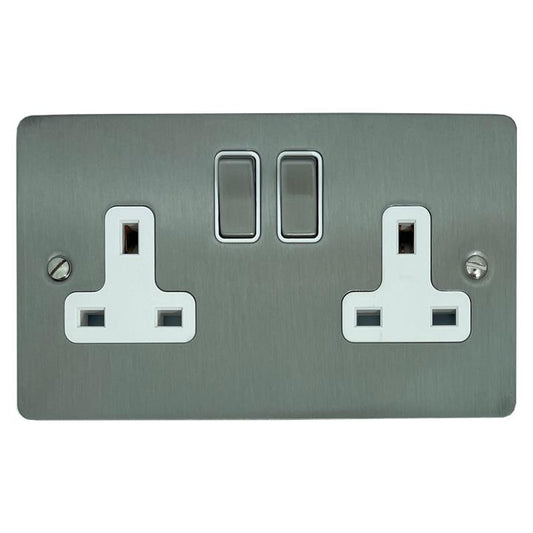 Flat Brushed Steel Double Socket (White Insert/Satin Chrome Switches) - G+H FSS210