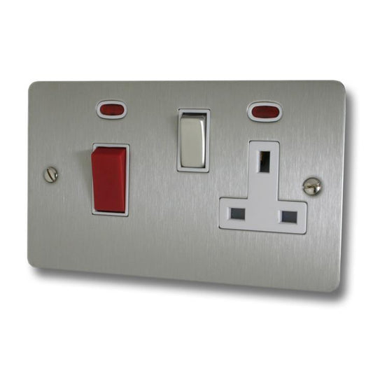 Flat Brushed Steel Cooker Switch with Socket (White Insert/Satin Chrome Switch) - G+H FSS229