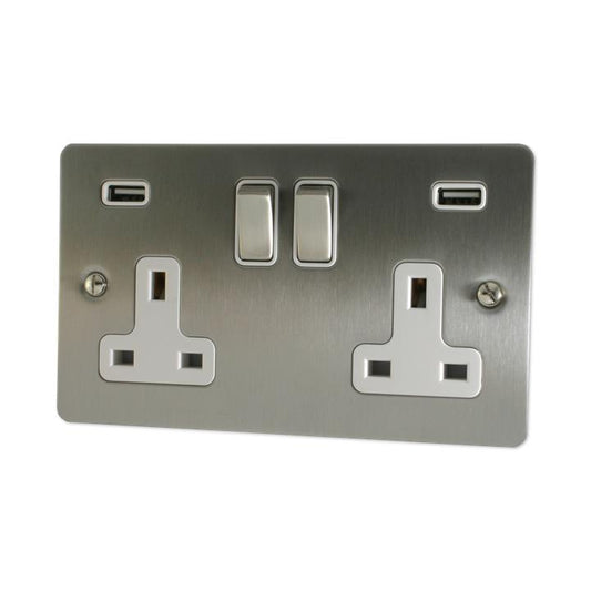 Flat Brushed Steel Double Socket with USB (White Insert/Satin Chrome Switches) - G+H FSS2910