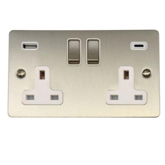 G&H FSS2911 Flat Plate Brushed Steel 2 Gang Double 13A Plug Socket 3.1A USB A + C