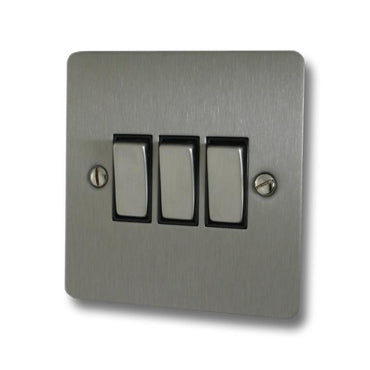 Flat Brushed Steel Light Switch (3 Gang/White Insert/Satin Chrome Switches) - G+H FSS203