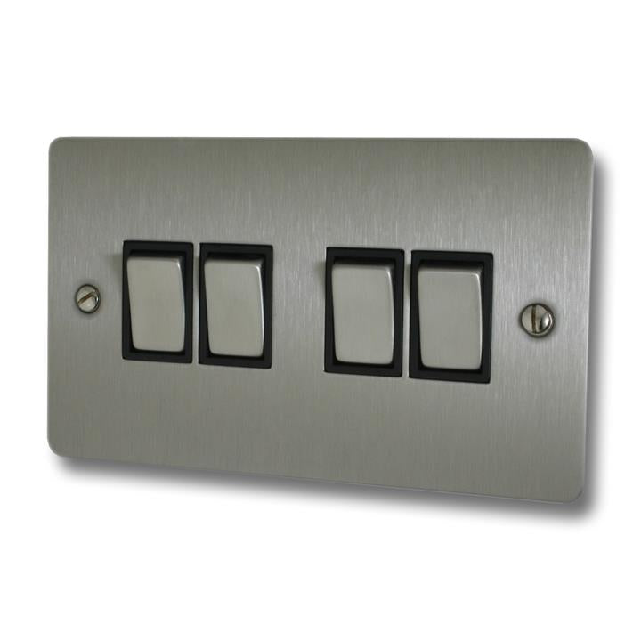 Flat Brushed Steel Light Switch (4 Gang/White Insert/Satin Chrome Switches) - G+H FSS204