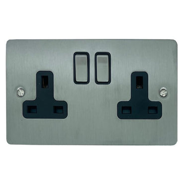 Flat Brushed Steel Double Socket (White Insert/Satin Chrome Switches) - G+H FSS210