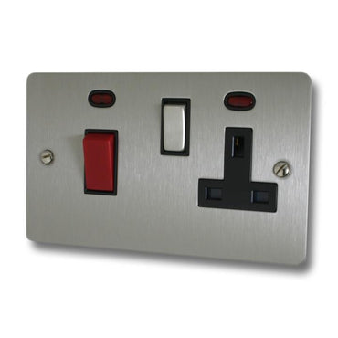 Flat Brushed Steel Cooker Switch with Socket (White Insert/Satin Chrome Switch) - G+H FSS229