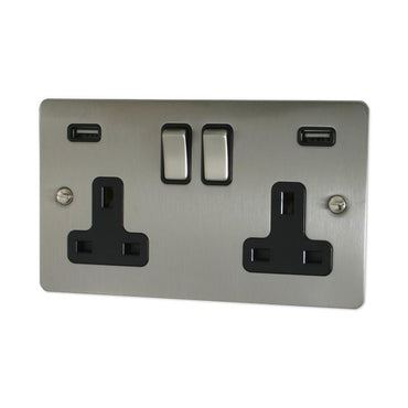 Flat Brushed Steel Double Socket with USB (White Insert/Satin Chrome Switches) - G+H FSS2910