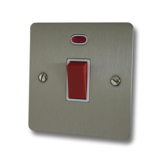 Flat Brushed Steel 45A DP Switch with Neon (White Insert) - G+H FSS46W