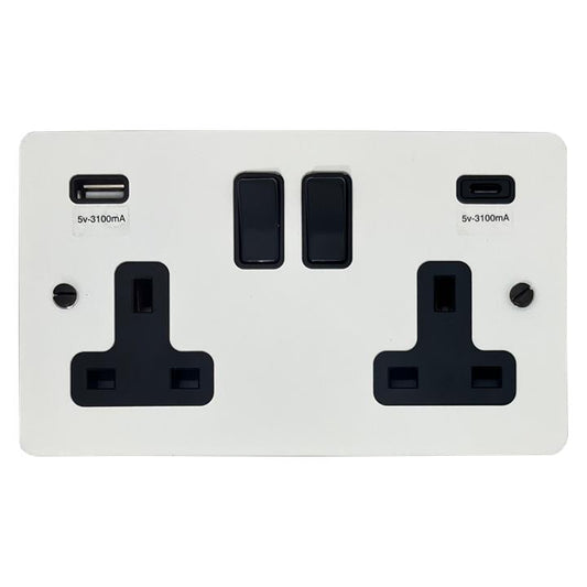 Flat White Socket with USB (USB-A and USB-C/Black Switch) - G+H FW911B
