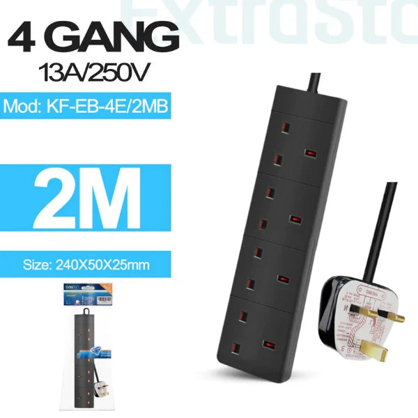 4 Gang Unswitched Extension Lead 2m Black (KF-EB-4E/2MB)