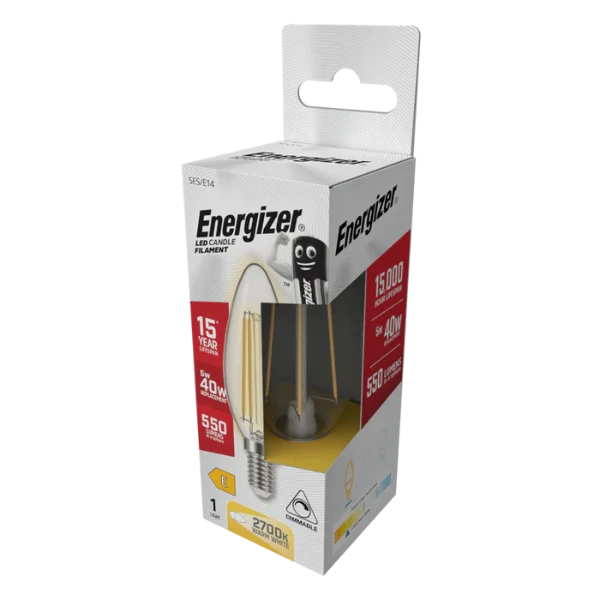 Energizer 4.8W 470lm E14 SES Candle Filament LED Bulb Warm White 2700K Dimmable