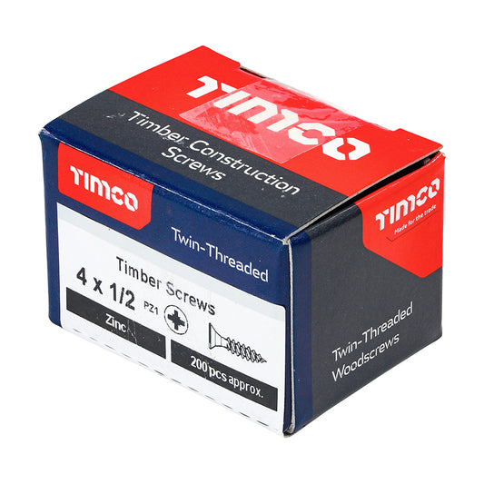 Twin-Threaded Woodscrews - PZ - Double Countersunk - Zinc 4 x 1/2