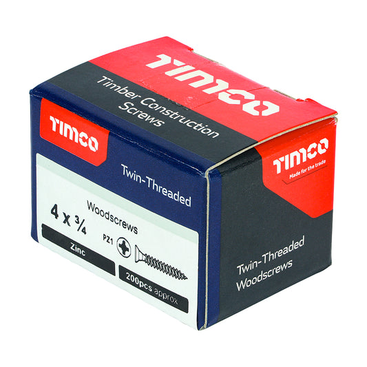 Twin-Threaded Woodscrews - PZ - Double Countersunk - Zinc 4 x 3/4