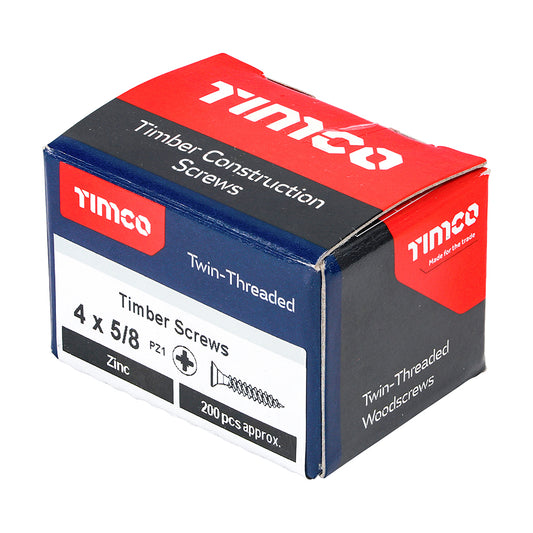 Twin-Threaded Woodscrews - PZ - Double Countersunk - Zinc 4 x 5/8