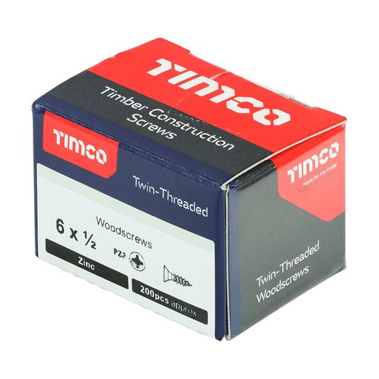 Twin-Threaded Woodscrews - PZ - Double Countersunk - Zinc 6 x 1/2