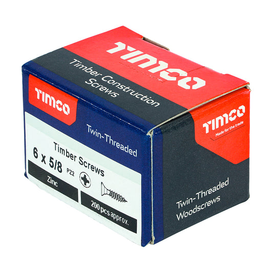 Twin-Threaded Woodscrews - PZ - Double Countersunk - Zinc 6 x 5/8