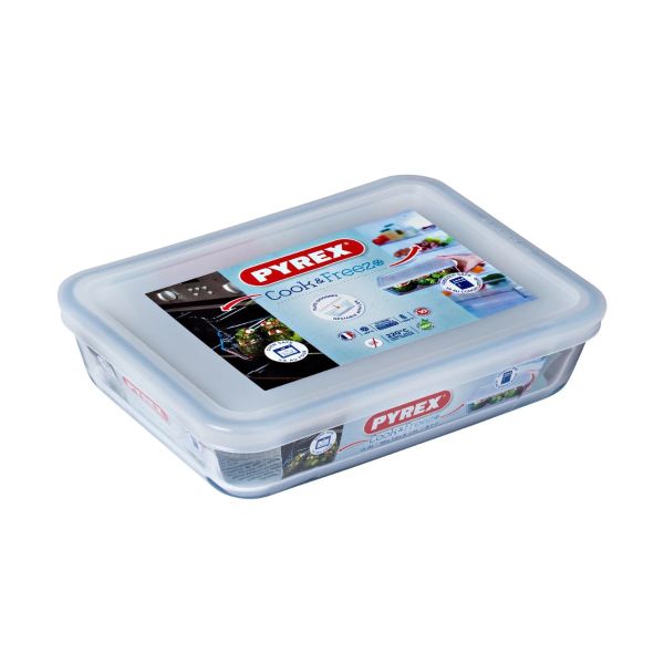 Rectangular pot, with lid, heat-resistant glass, 0.8 l, 19x14x4 cm, Cook&Freeze, Pyrex