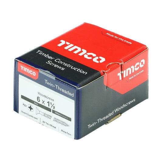 Twin-Threaded Woodscrews - PZ - Double Countersunk - Zinc 6 x 1 1/2