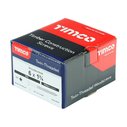 Twin-Threaded Woodscrews - PZ - Double Countersunk - Zinc 6 x 1 3/4