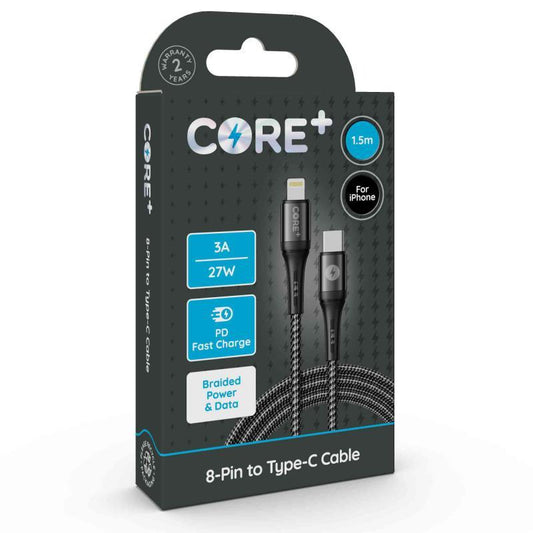 CORE+ 8-Pin to Type-C Cable 1.5m Braided Grey 3A/27W PD