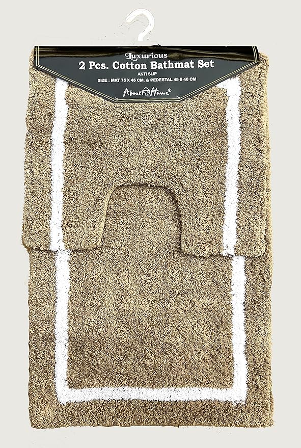 premium NON-SLIP 2 pc cotton bath mat set for Bath room and toilet - 45 x 75 cm and 40 x 45 cm - 100% Cotton Bathroom Mat and Pedestal Mat - Machine washable (CAMEL)