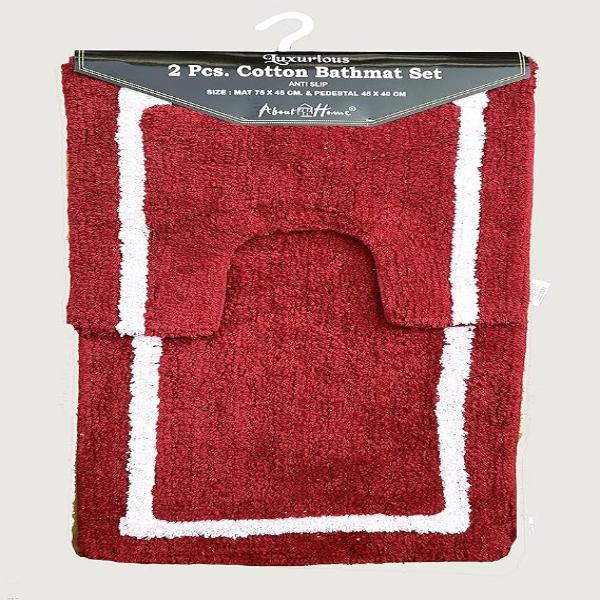About Home premium NON-SLIP 2 pc cotton bath mat set for Bath room and toilet - 45 x 75 cm and 40 x 45 cm - 100% Cotton Bathroom Mat and Pedestal Mat - Machine washable (RED)