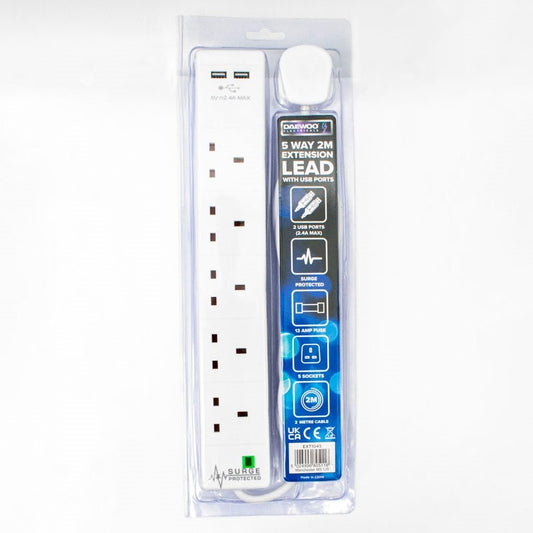 Daewoo 5 Way UK 3Pin Plug 13amp Extension Reel with 2 Metre Heavy-Duty Winding Cable and 2 USB Device Inputs for Smartphone/Tablet Charging - White