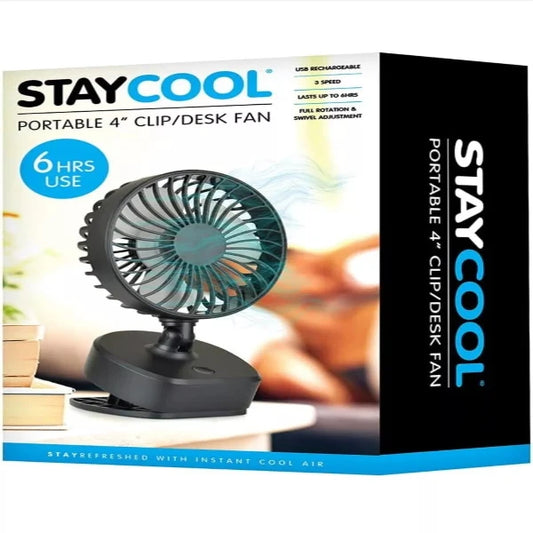 Stay cool Mimi 4 Inch portable And USB Rechargeable Clip Or Desk Fan 3 Speed 360