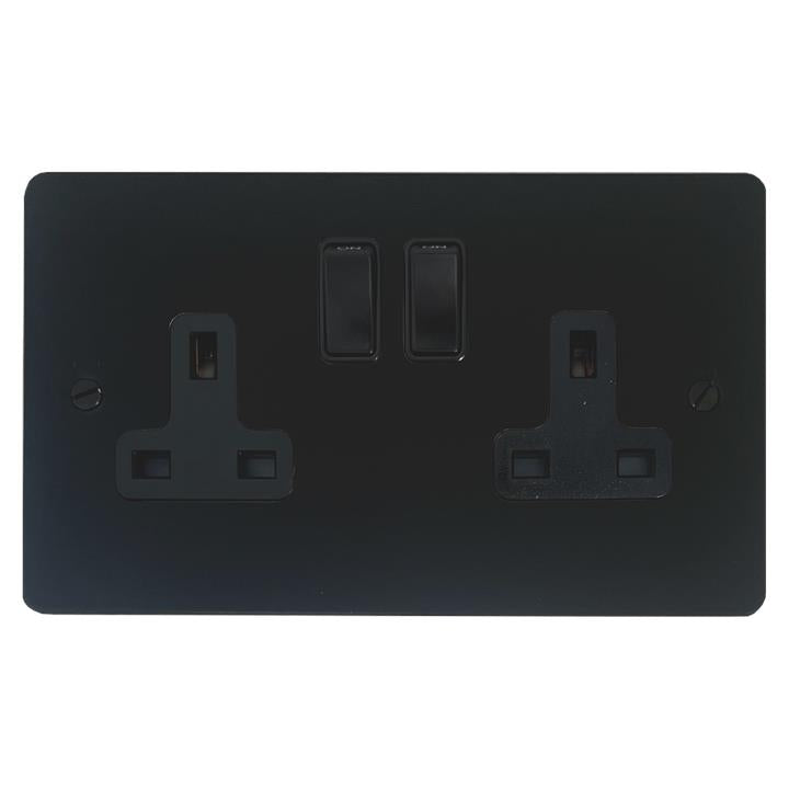 Flat Black Double Socket (2 Gang/Black Switch) - G+H FFB10B