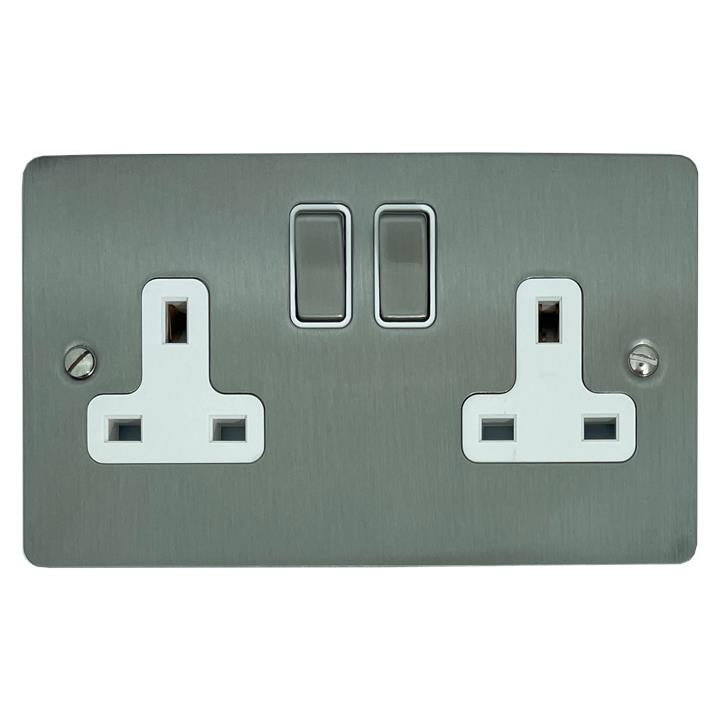 Flat Brushed Steel Double Socket (White Insert/Satin Chrome Switches) - G+H FSS210